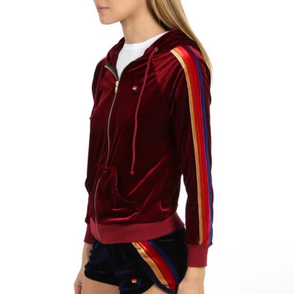 Aviator Nation Tops - NWOT Aviator Nation Burgundy Velour Rainbow Stripe Zip Up Hoodie